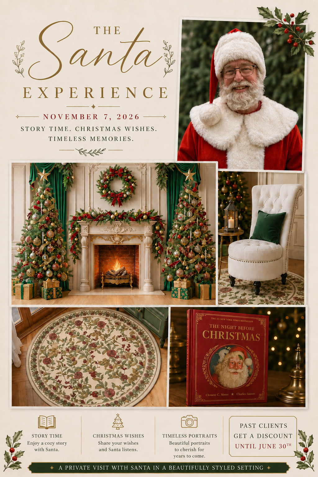 Elegant Santa Experience event flyer for November 7, 2026, featuring Santa Claus, decorated Christmas trees, and a cozy fireplace setting.