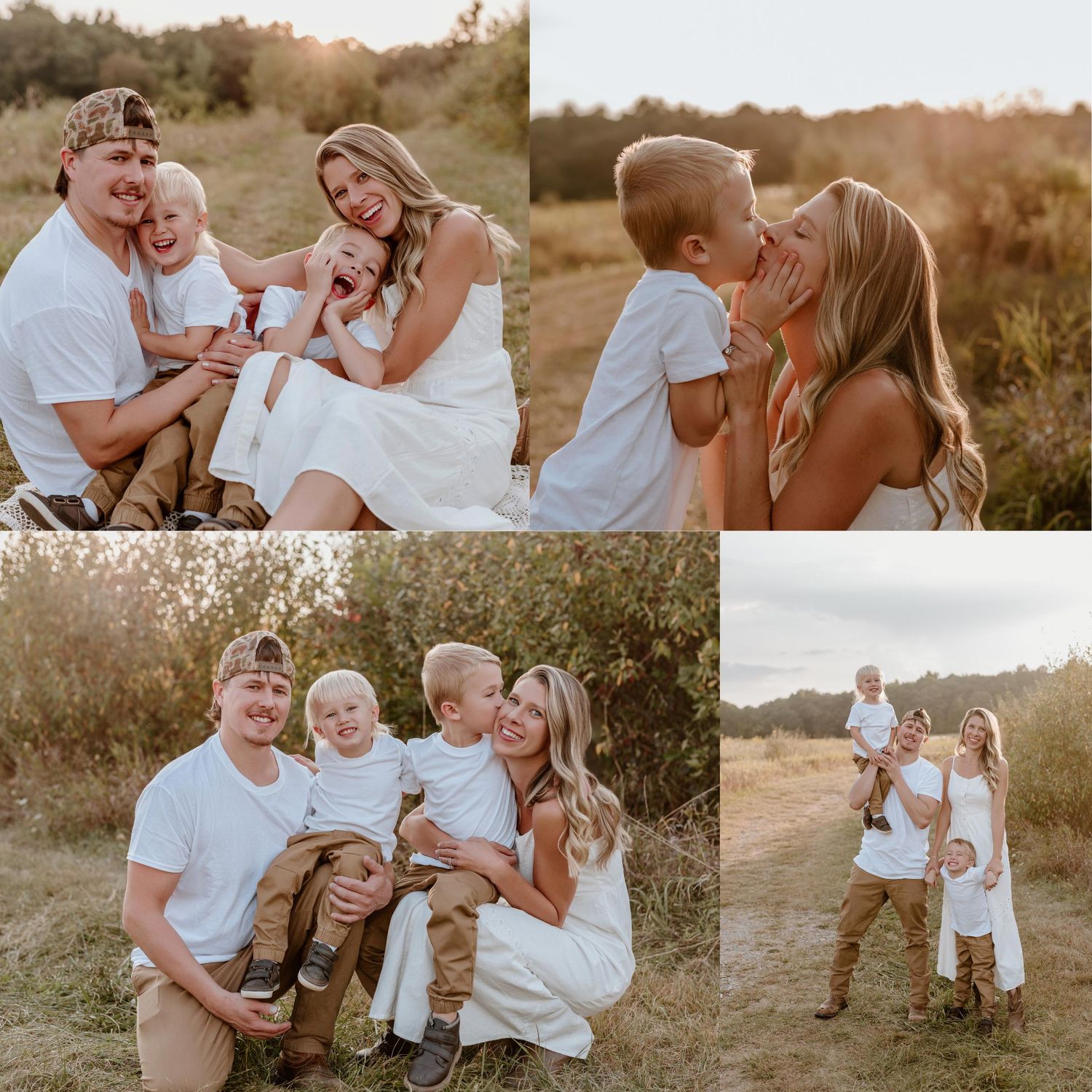 Golden hour family photo collage featuring parents and young children in white outfits posing in a sunlit field.