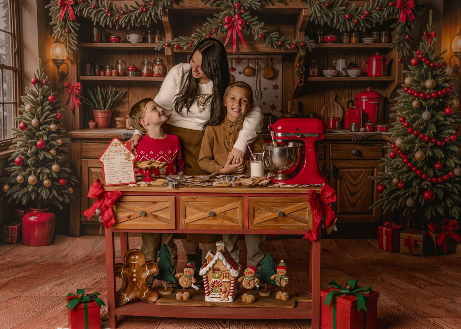 Cozy rustic Christmas living room decorated with red poinsettias, wooden furniture, and a gingerbread house display.