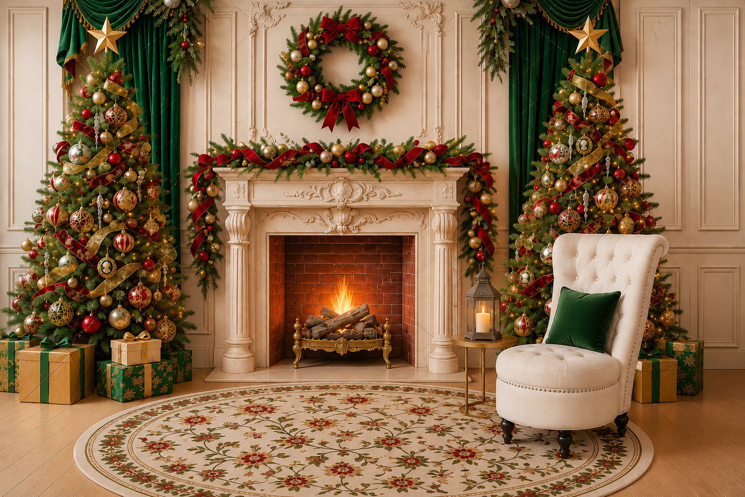 Elegant Christmas living room with decorated trees, wreath, fireplace, gifts, and floral rug in classic white decor.