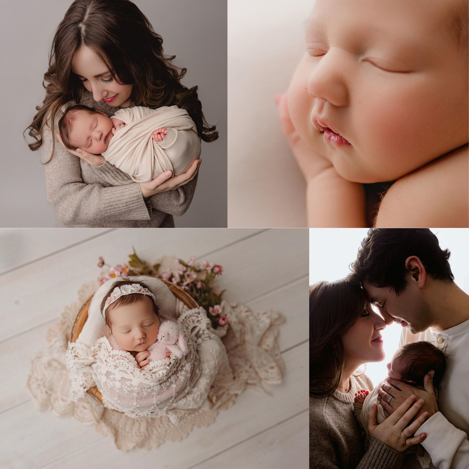 Newborn photography collage featuring a mother holding baby, closeup infant face, baby in lace basket, and couple with newborn.