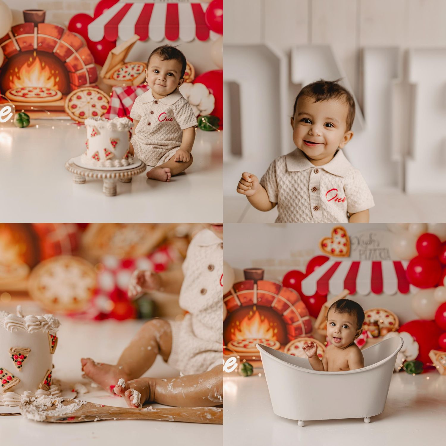 Smiling baby in pizza-themed cake smash photoshoot with fireplace backdrop, sitting in mini bathtub surrounded by festive decorations.