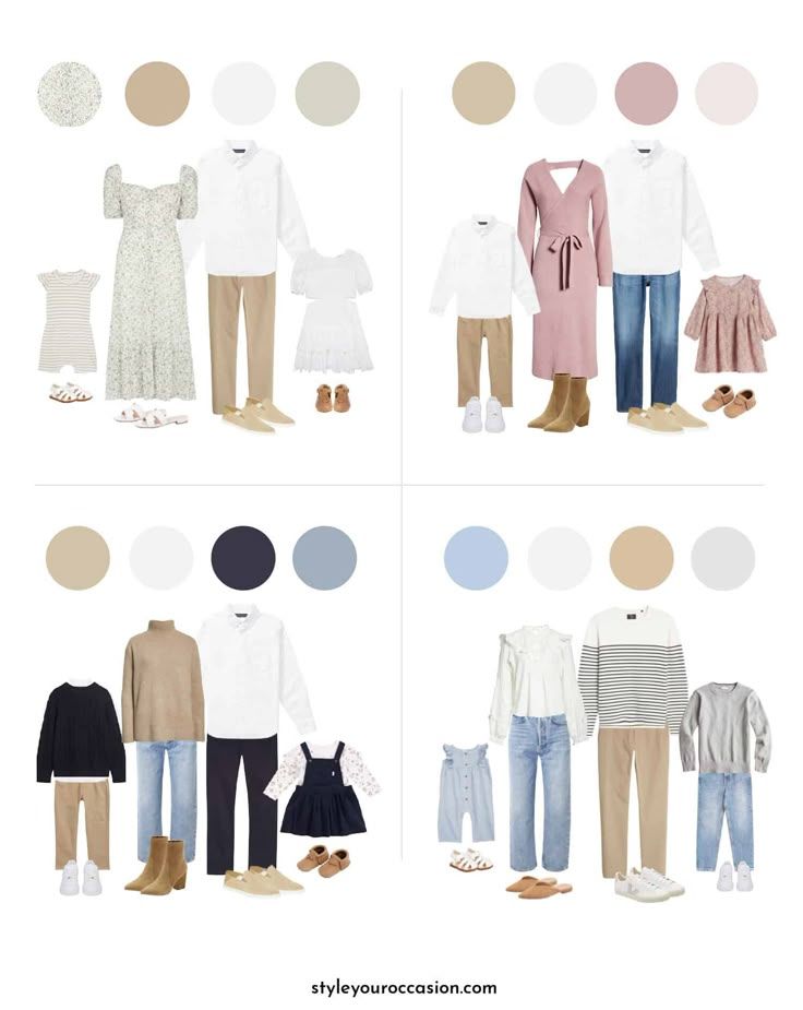 Four family outfit coordination guides showing neutral color palettes with casual and semi-formal clothing combinations for photo sessions.