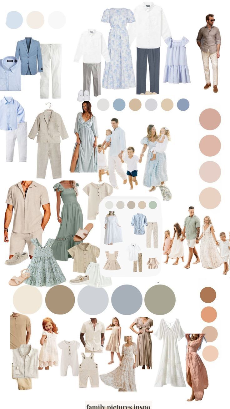 Family photo outfit inspiration collage featuring coordinated neutral, blue, and sage green clothing combinations for group pictures.