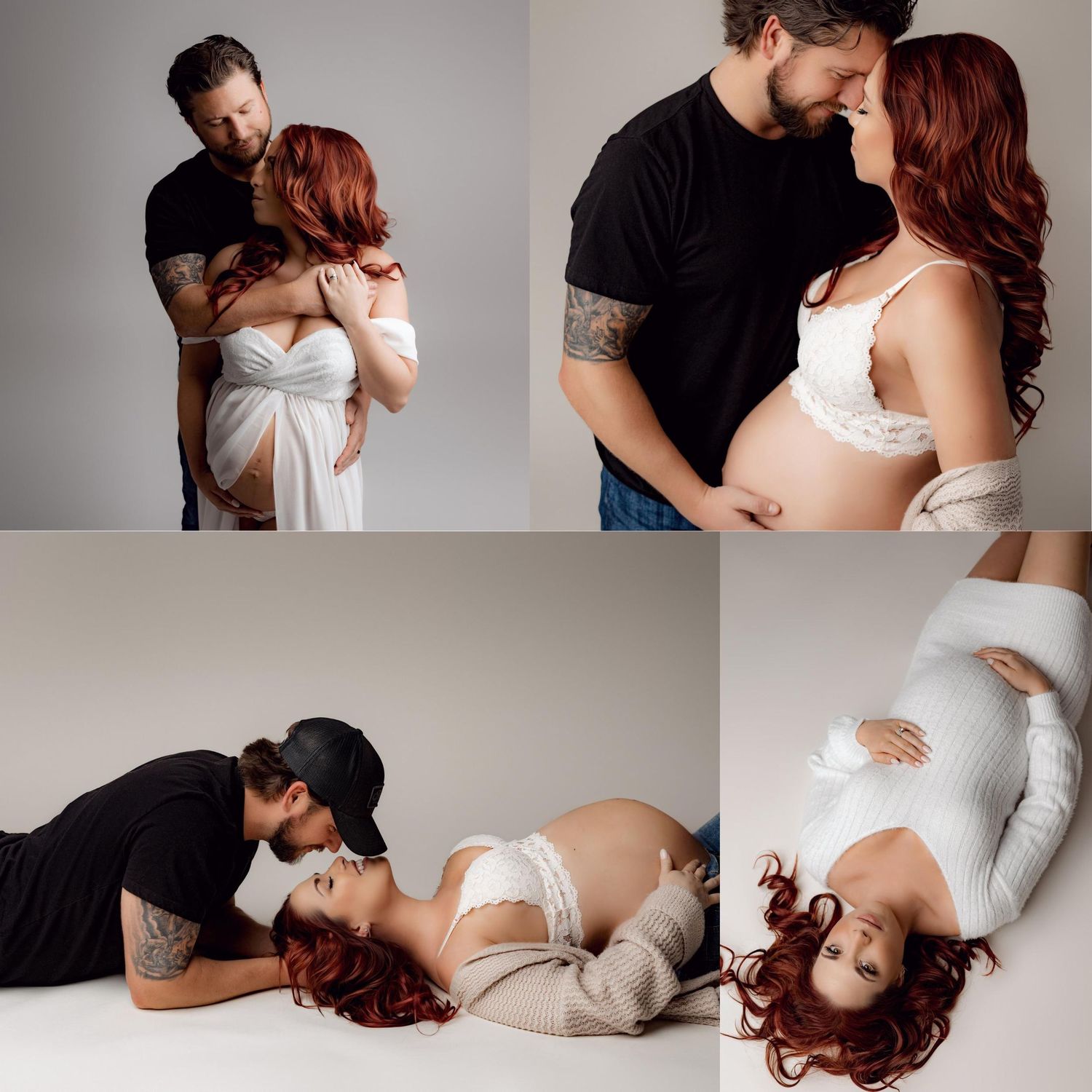 Maternity photo collage featuring a couple in a studio, with the pregnant woman in white lace and her partner in black.