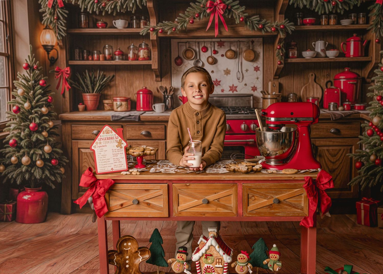 Rustic wooden table decorated with Christmas cookies and festive decor in a cozy holiday setting.