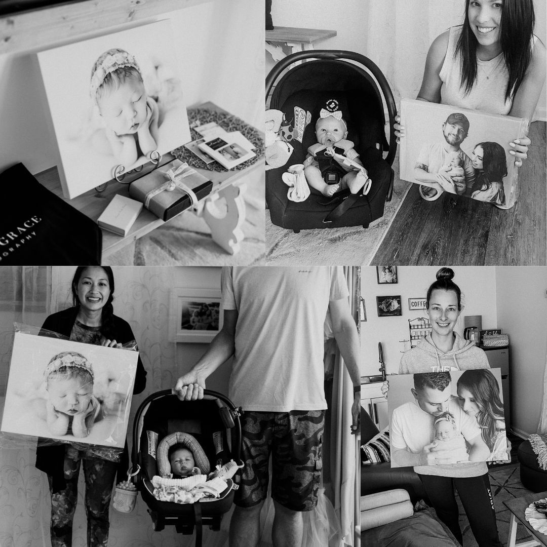 Black and white collage of family members proudly holding large printed canvas photos of a newborn baby.