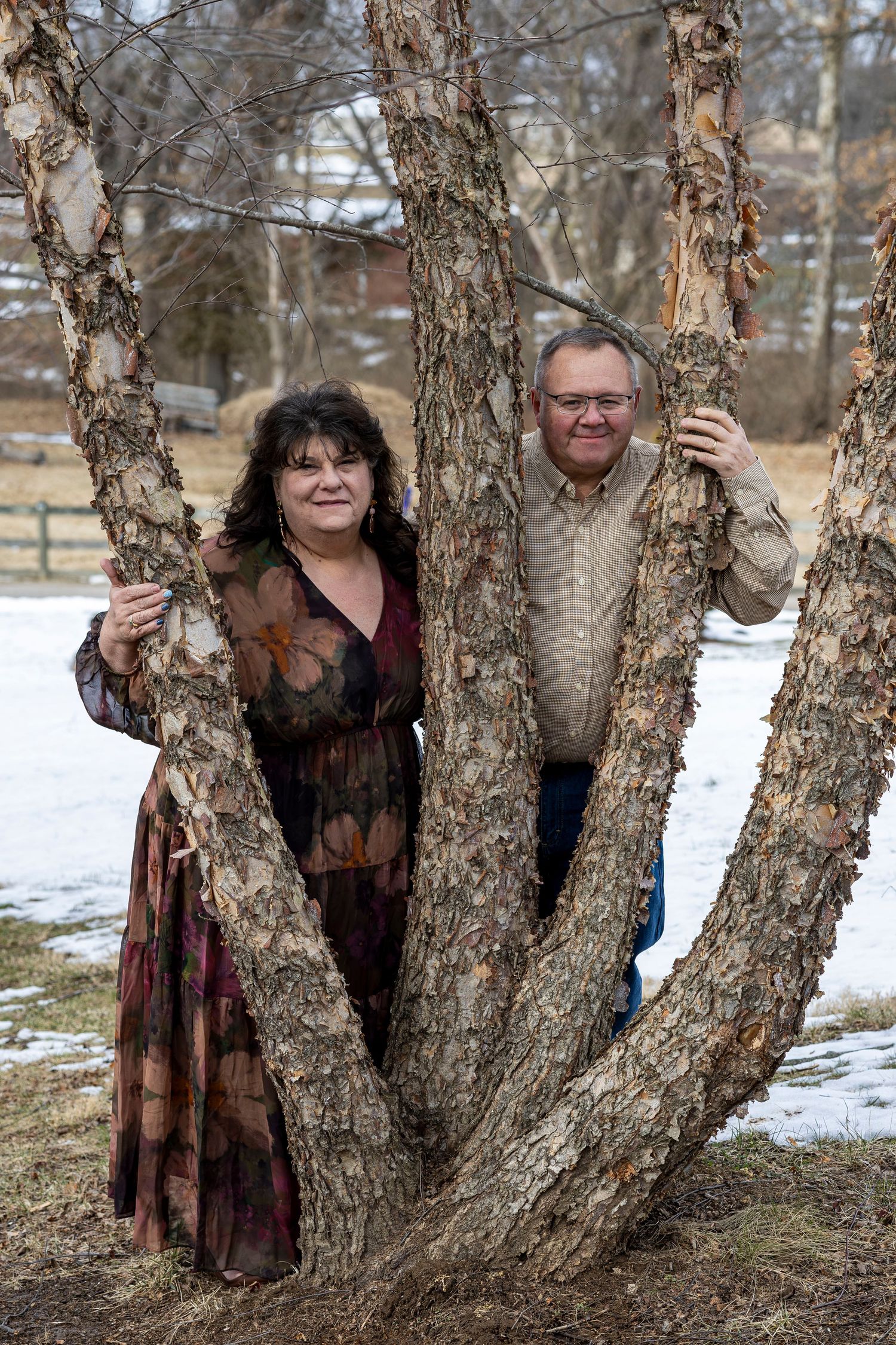 Four sequential photos show a couple playfully peeking through a split tree trunk in a snowy winter landscape.