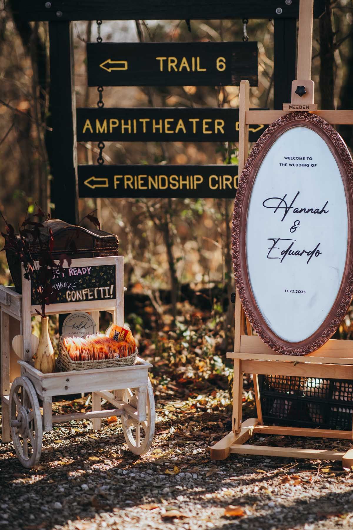 Rustic wooden directional signs with handwritten text on white ovals sit along a leaf-covered path in autumn.