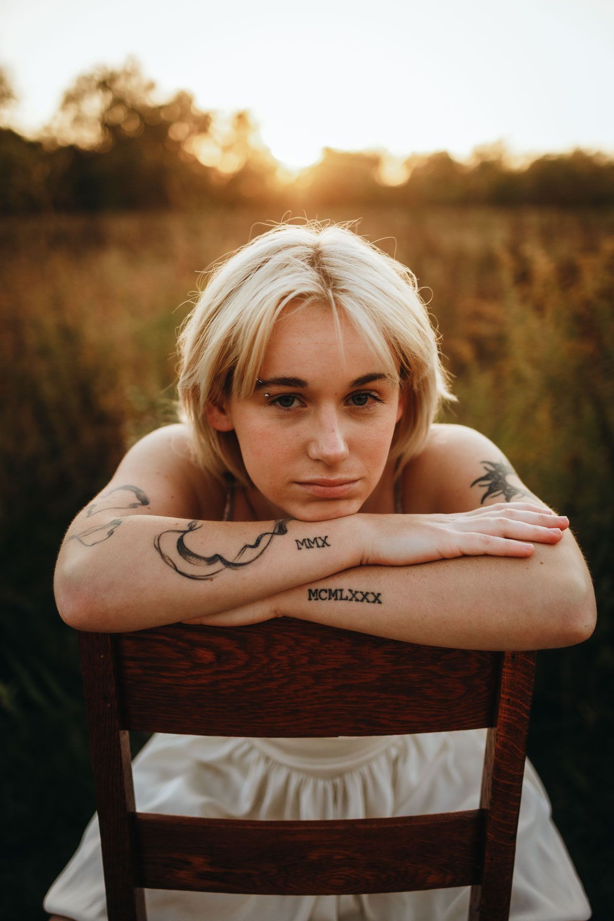 A series of sunset portraits showing someone resting their head on a wooden chair back, creating a warm golden atmosphere.