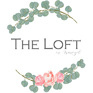 Delicate pink roses and eucalyptus leaves create an elegant floral border design with 'THE LOFT' text.
