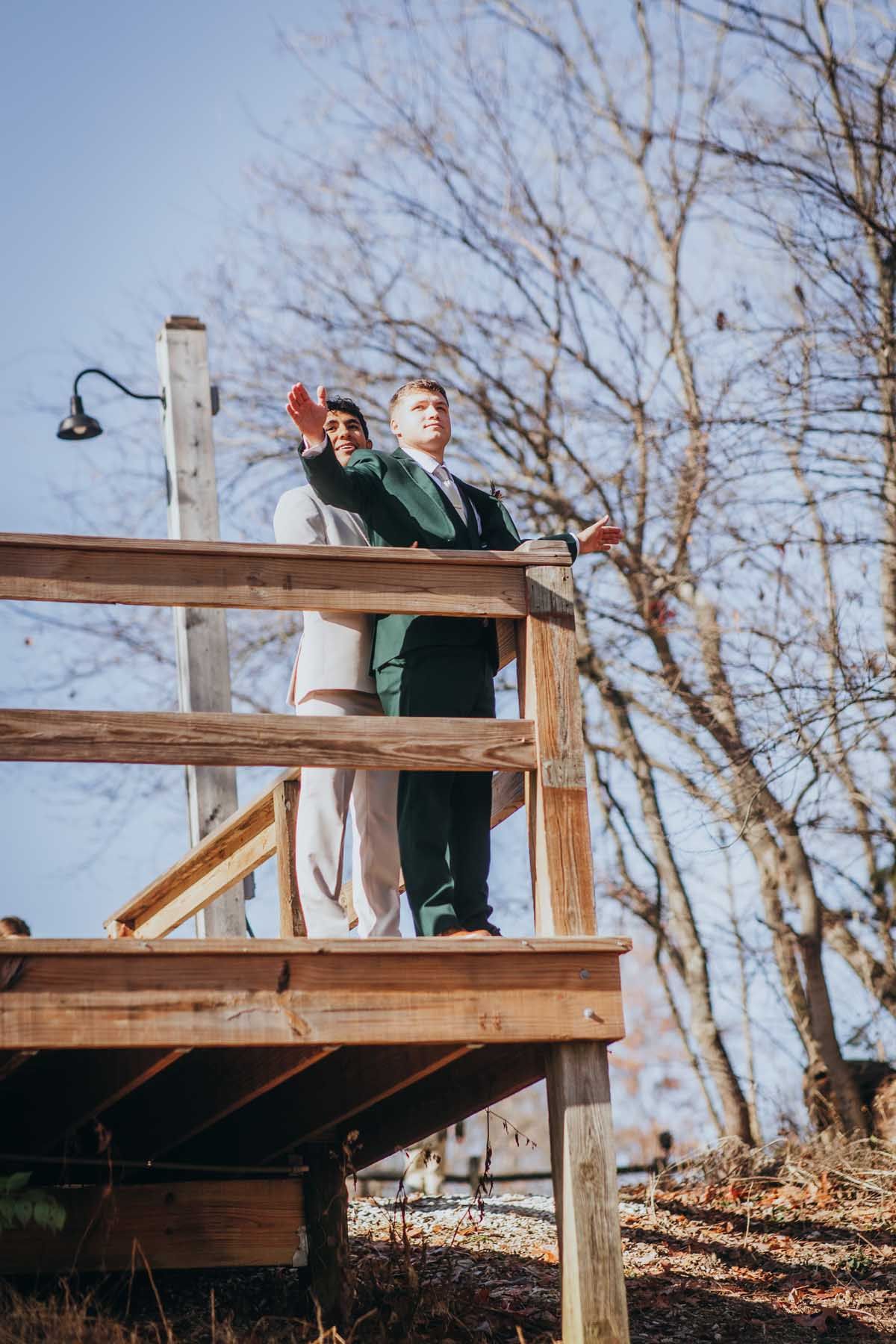 A sequence of photos showing people throwing clay targets from a wooden platform at an outdoor shooting range.