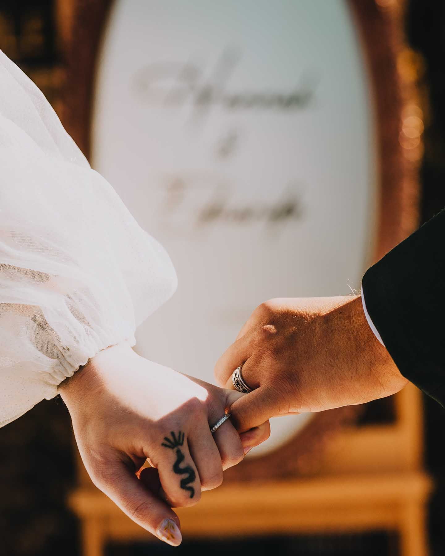 Close-up shot of hands exchanging wedding rings during a ceremony.