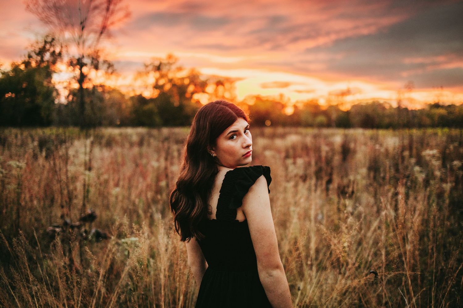 A series of sunset portraits in a golden field with tall grass and warm orange sky in the background.