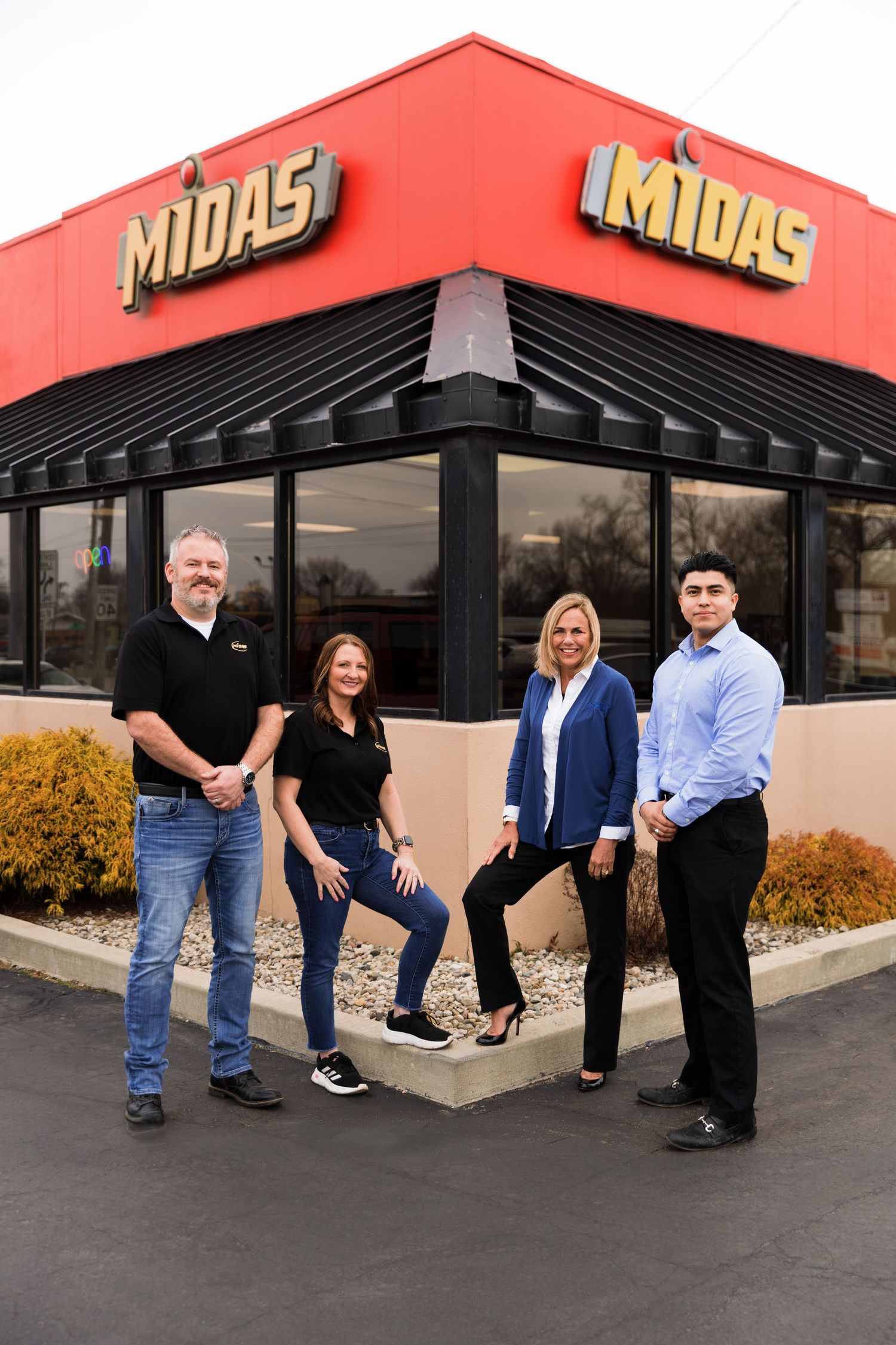 A series of connected photos showing staff members posing playfully in front of a Midas auto service store location.