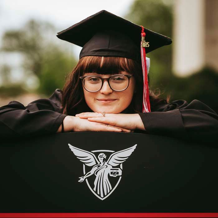 A creative graduation photo series showing close-up shots of a graduate in a cap with glasses.