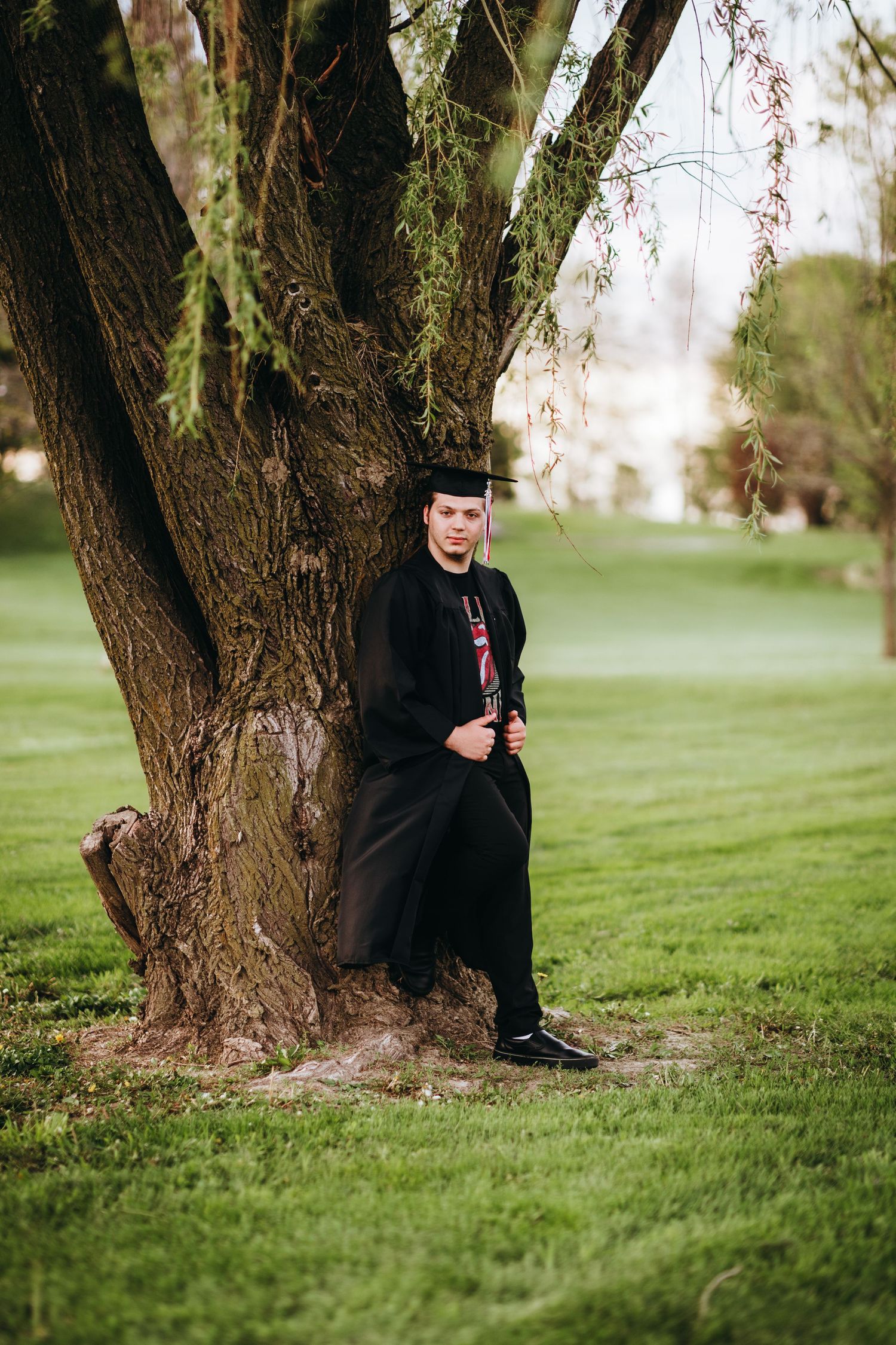 Person in black clothing sits against a large tree trunk in a serene park setting during golden hour.