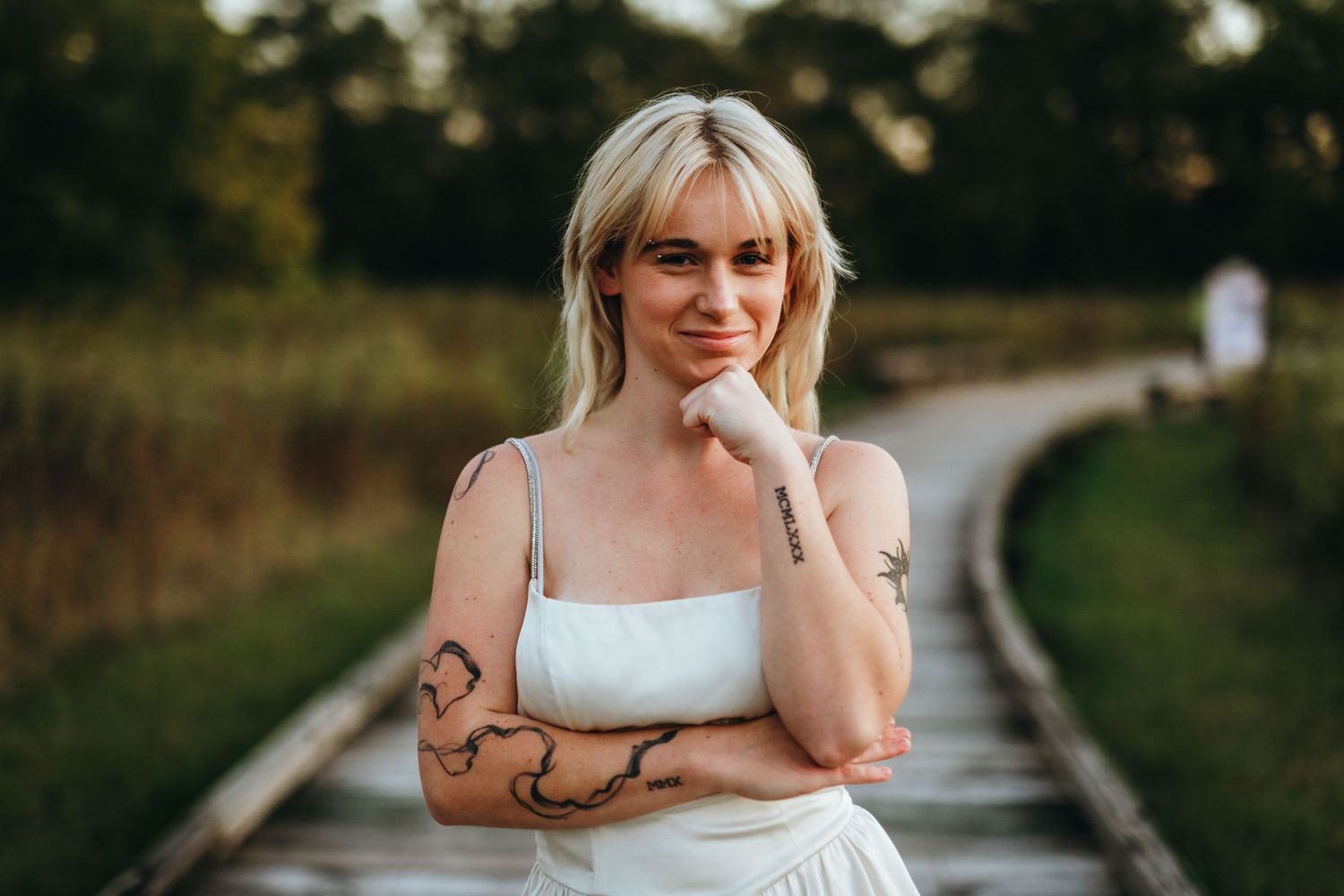 A series of outdoor portrait photographs taken at golden hour in a natural setting with soft lighting.