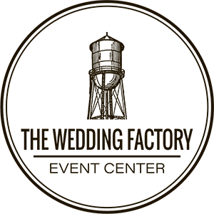 A series of circular logo designs for The Wedding Factory Event Center featuring a water tower silhouette.