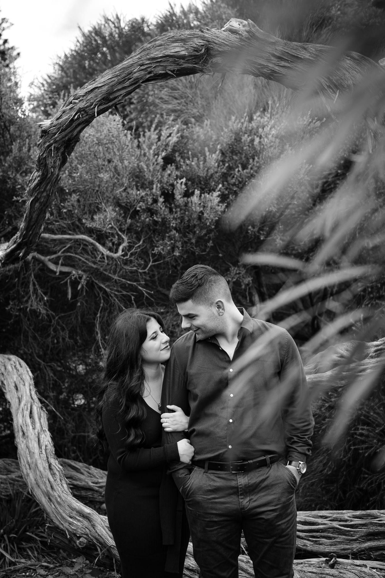 Editorial couples portrait with moody light in Melbourne park