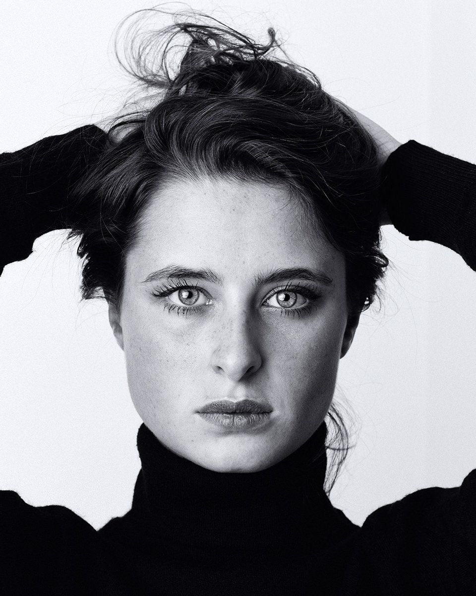 A dramatic black and white portrait series showing expressive eyes and tousled dark hair against a white background.