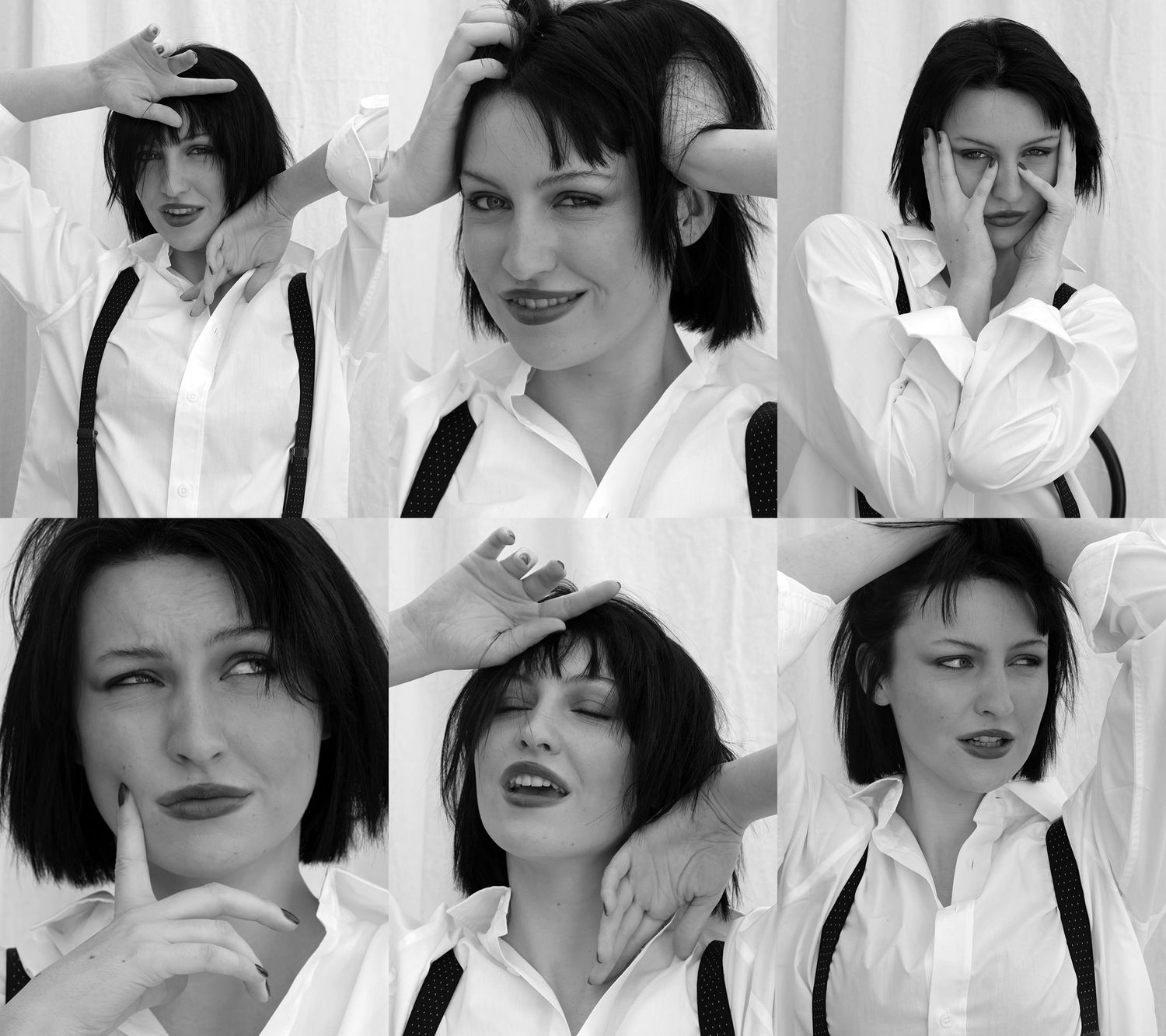 A series of black and white headshots in Melbourne showing different facial expressions and poses in a grid layout.