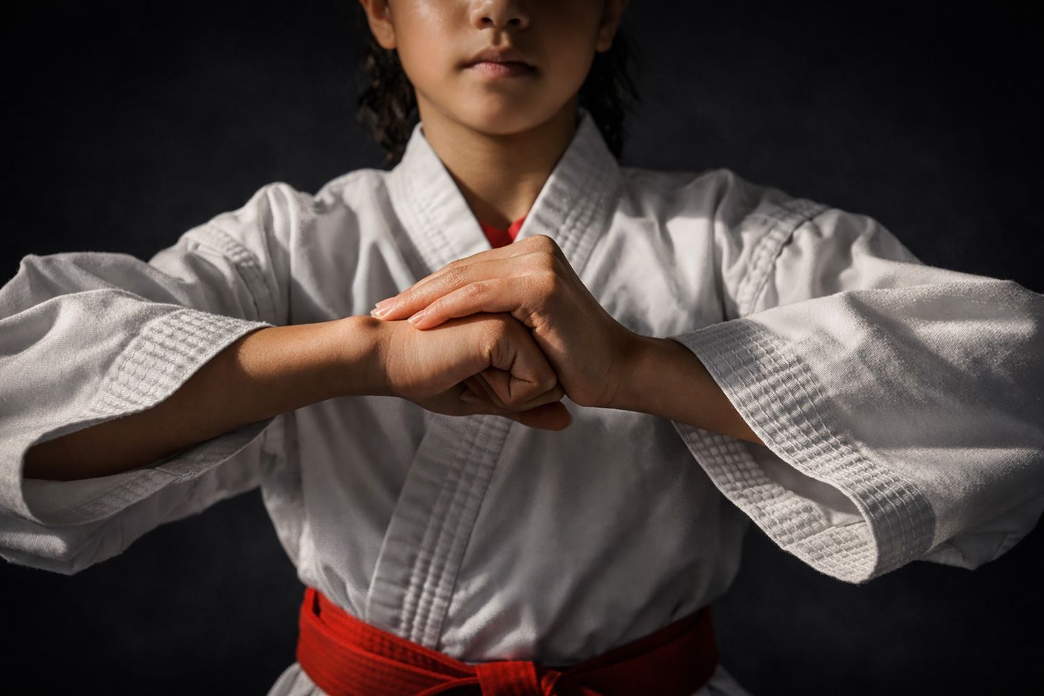 A dramatic series of karate poses in white uniform with red belt against a dark background.