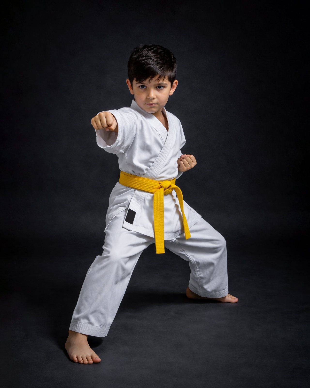 Young martial artist in white uniform with yellow belt demonstrates karate stance against dark background.