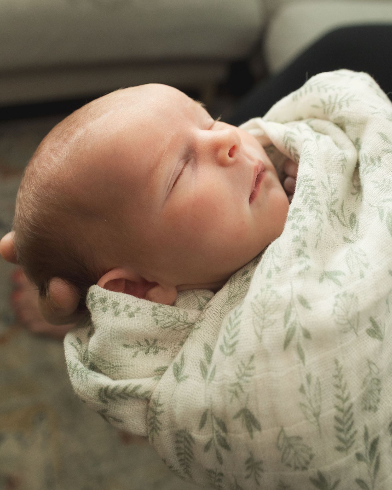 Peaceful newborn baby swaddled in a white muslin blanket with green leaf print, sleeping soundly in caring hands.