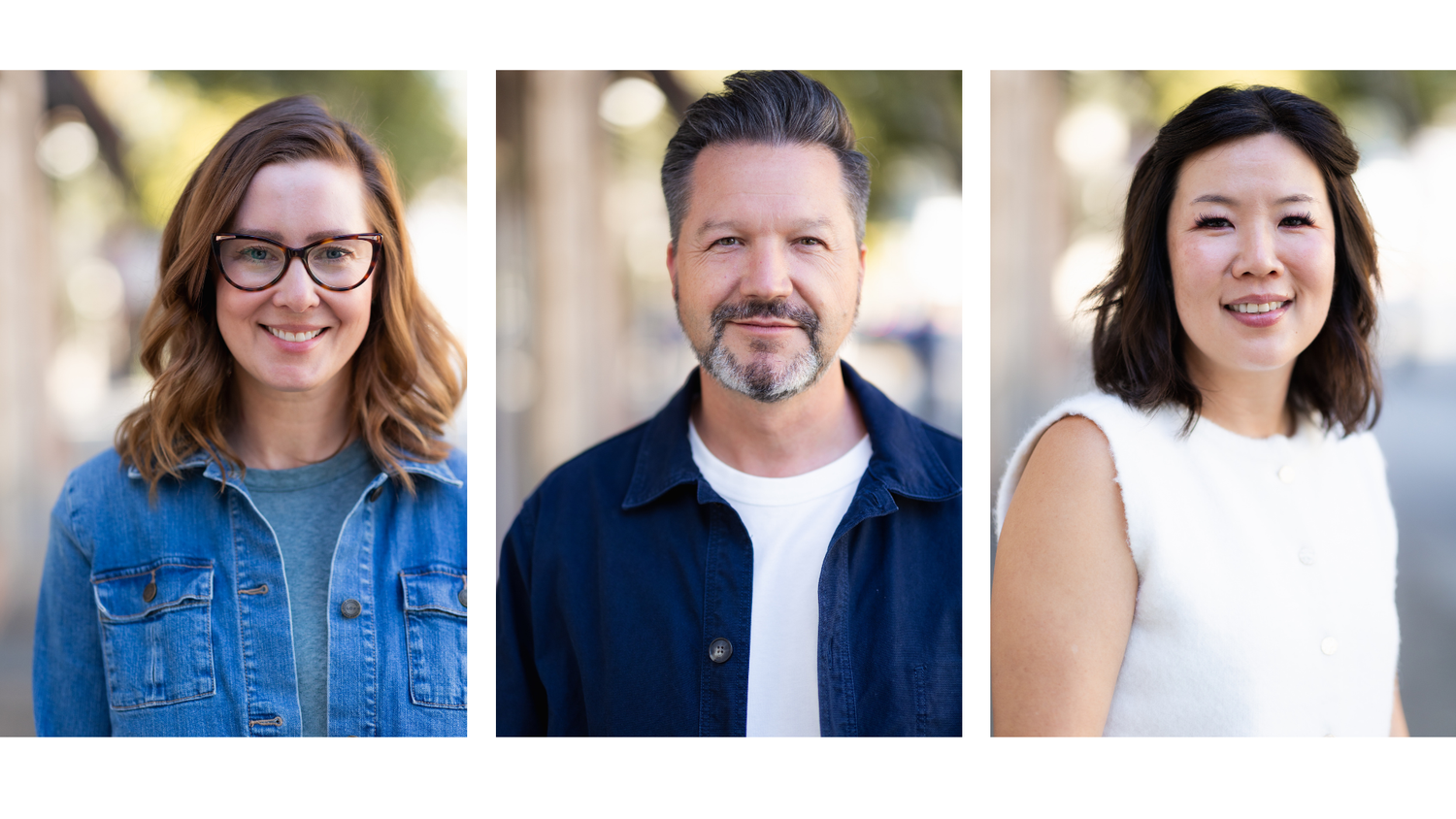 Professional headshot series of business team members in casual attire.