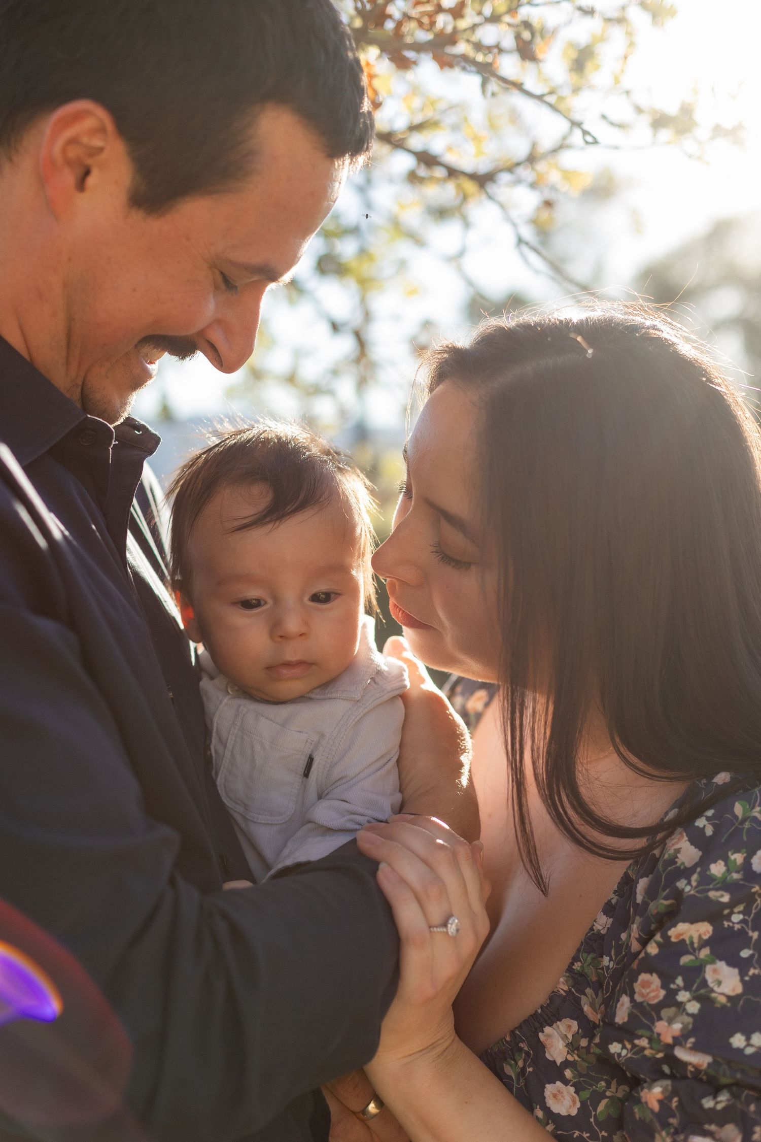 Tender family moments photographed during golden hour with beautiful lens flare effects.