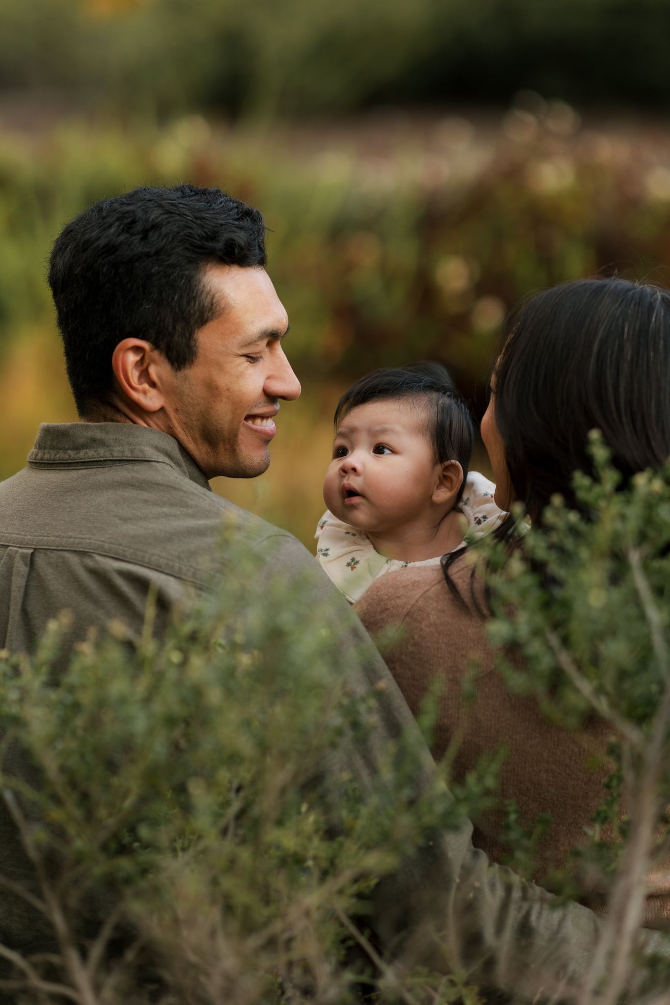 Intimate family portraits captured among wild brush during an outdoor photo session.