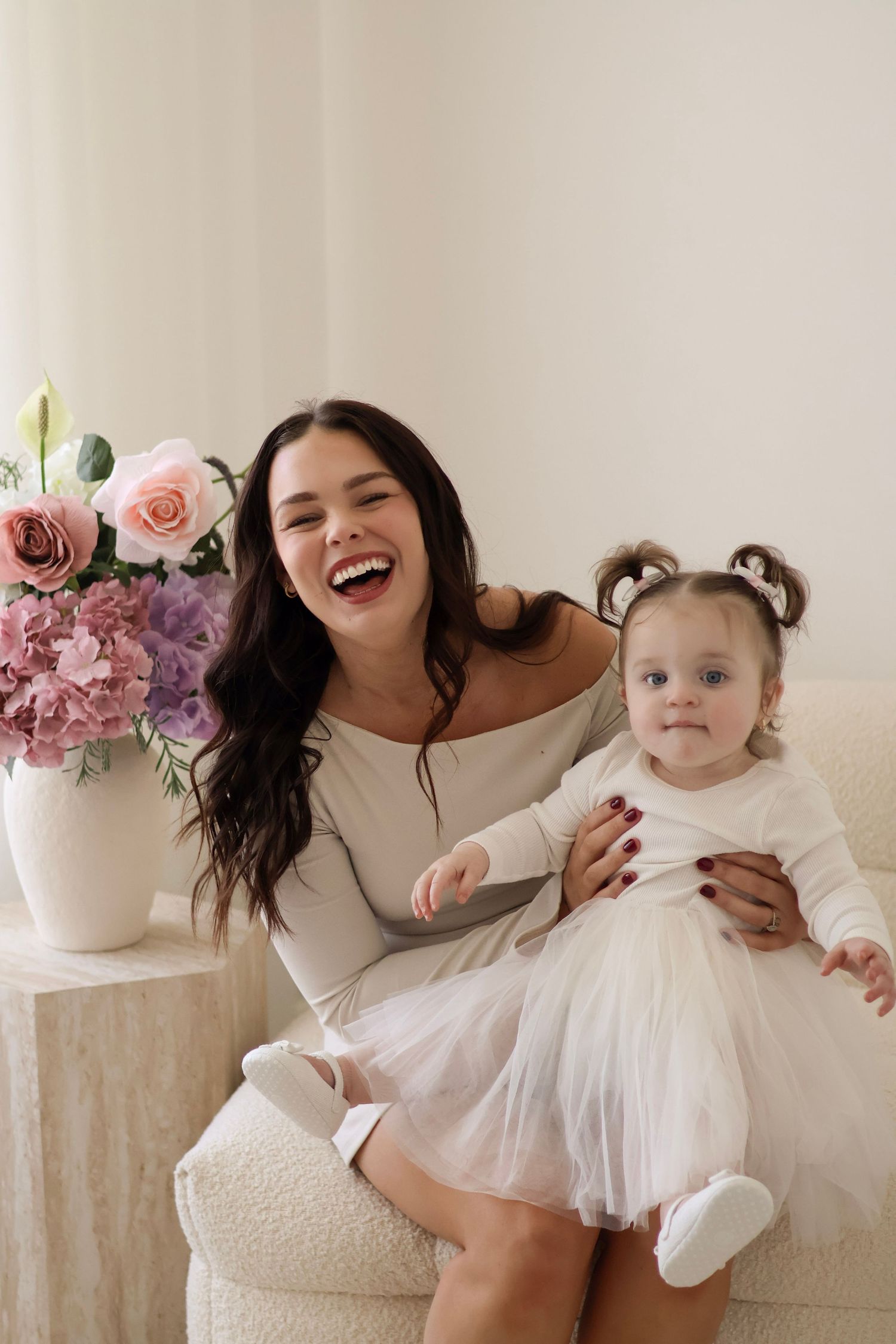 Mother's Day mini session portraits in dreamy cream aesthetic studio