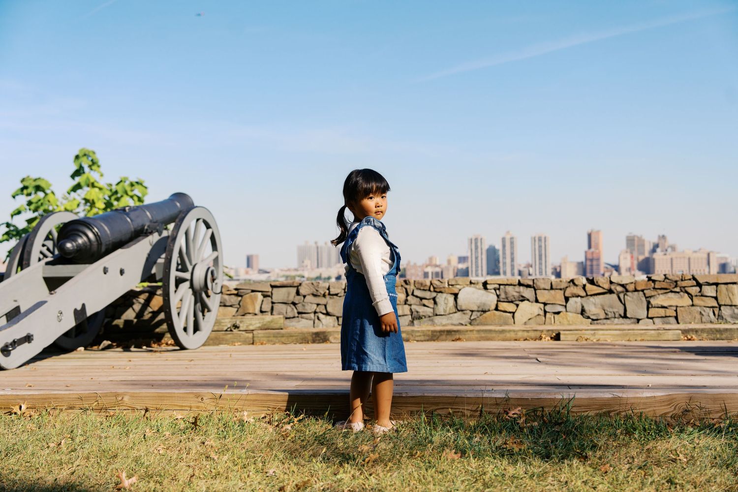 City skyline view from historic fort with old cannon in foreground.