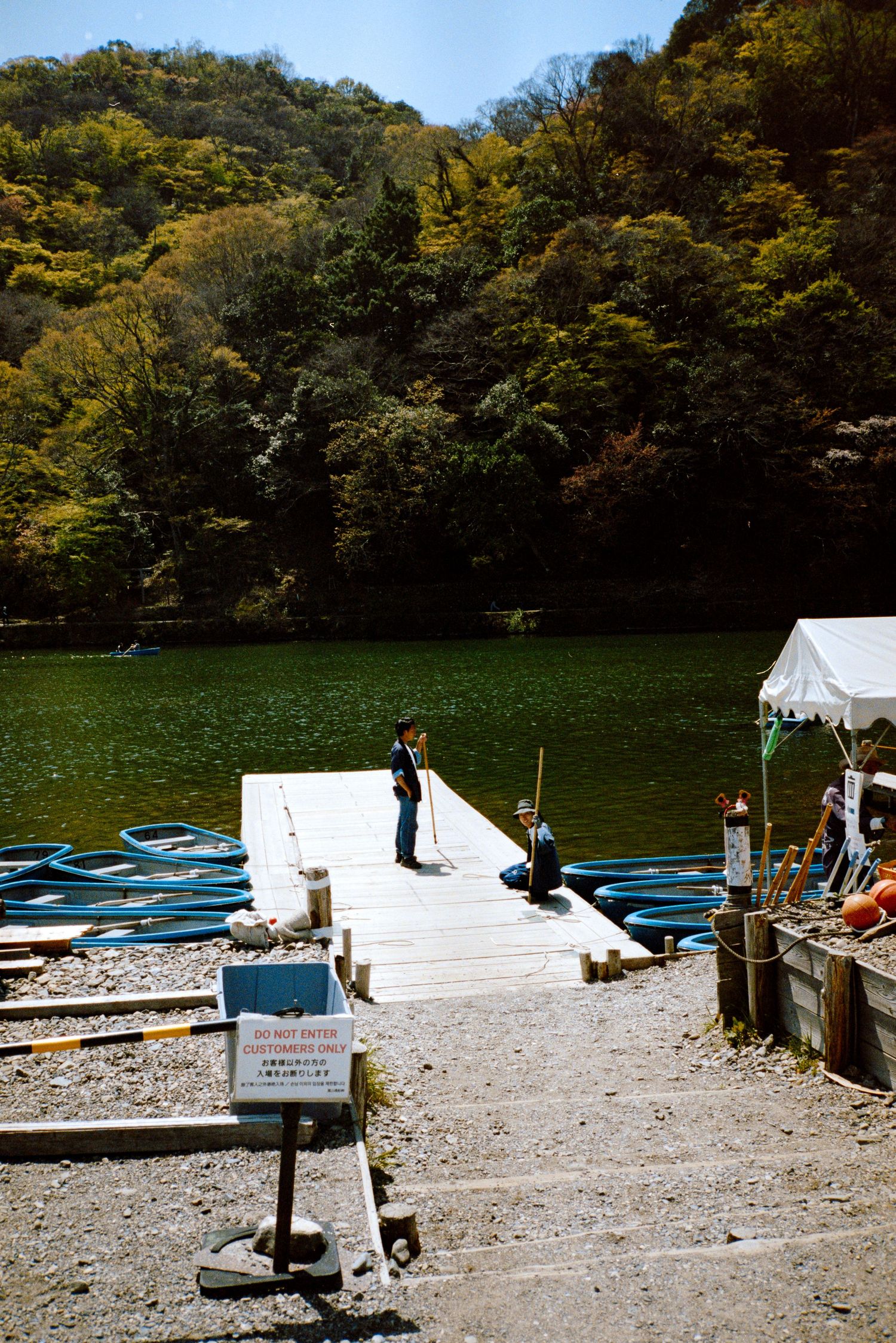 Waterfront recreational area with picnic tables and benches along a scenic lake.