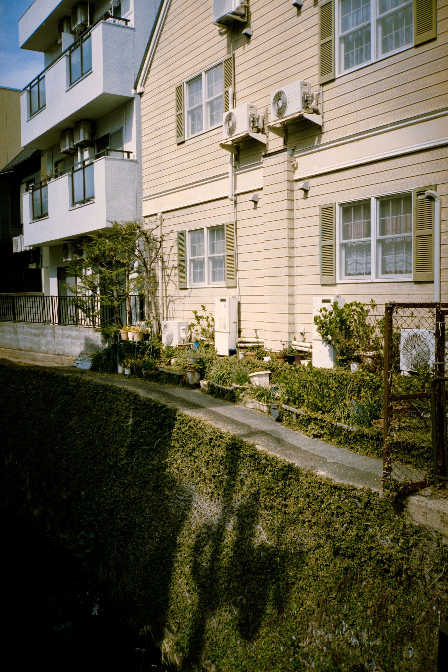 Row of cream-colored residential buildings with landscaped gardens and hedges.
