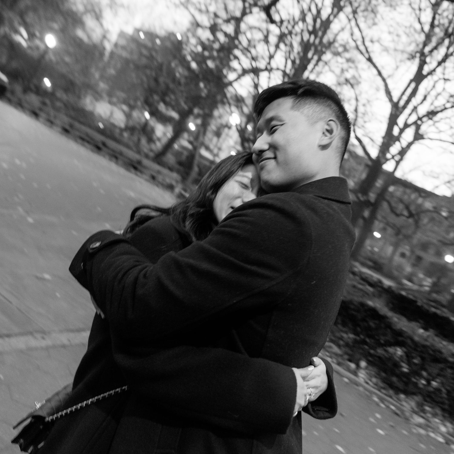 Black and white photo sequence showing a couple in a candid moment outdoors.