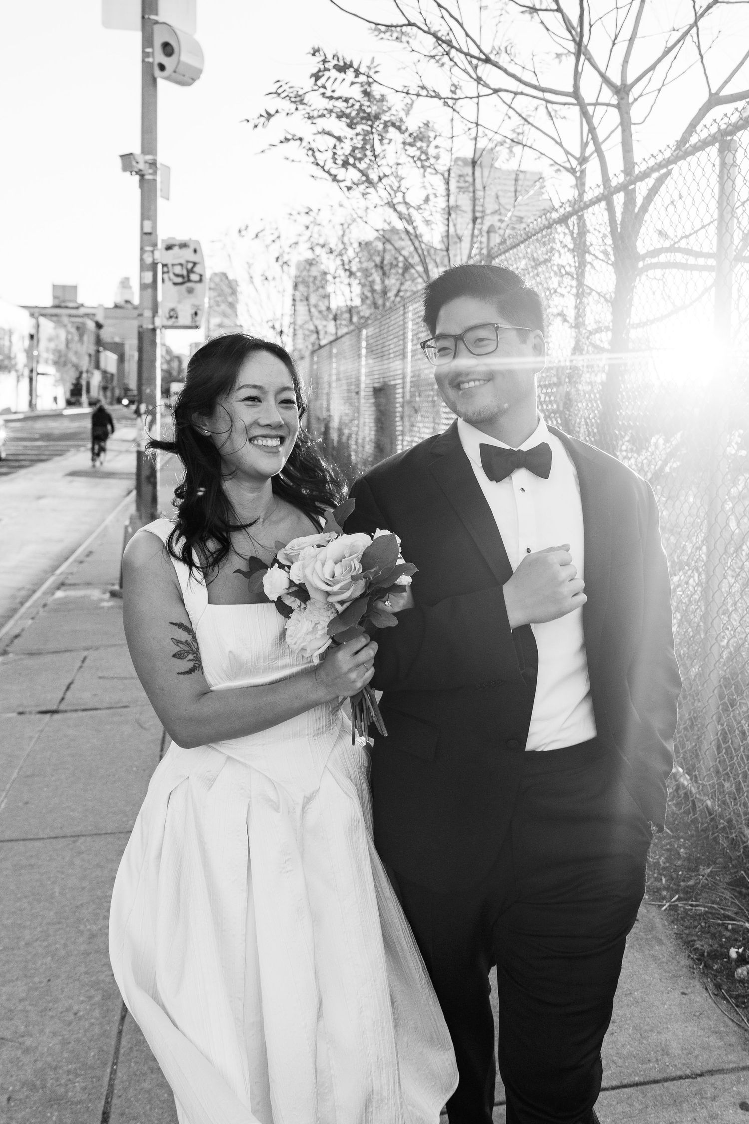 A series of candid wedding photos showing joyful moments between a couple on a sunny winter day.