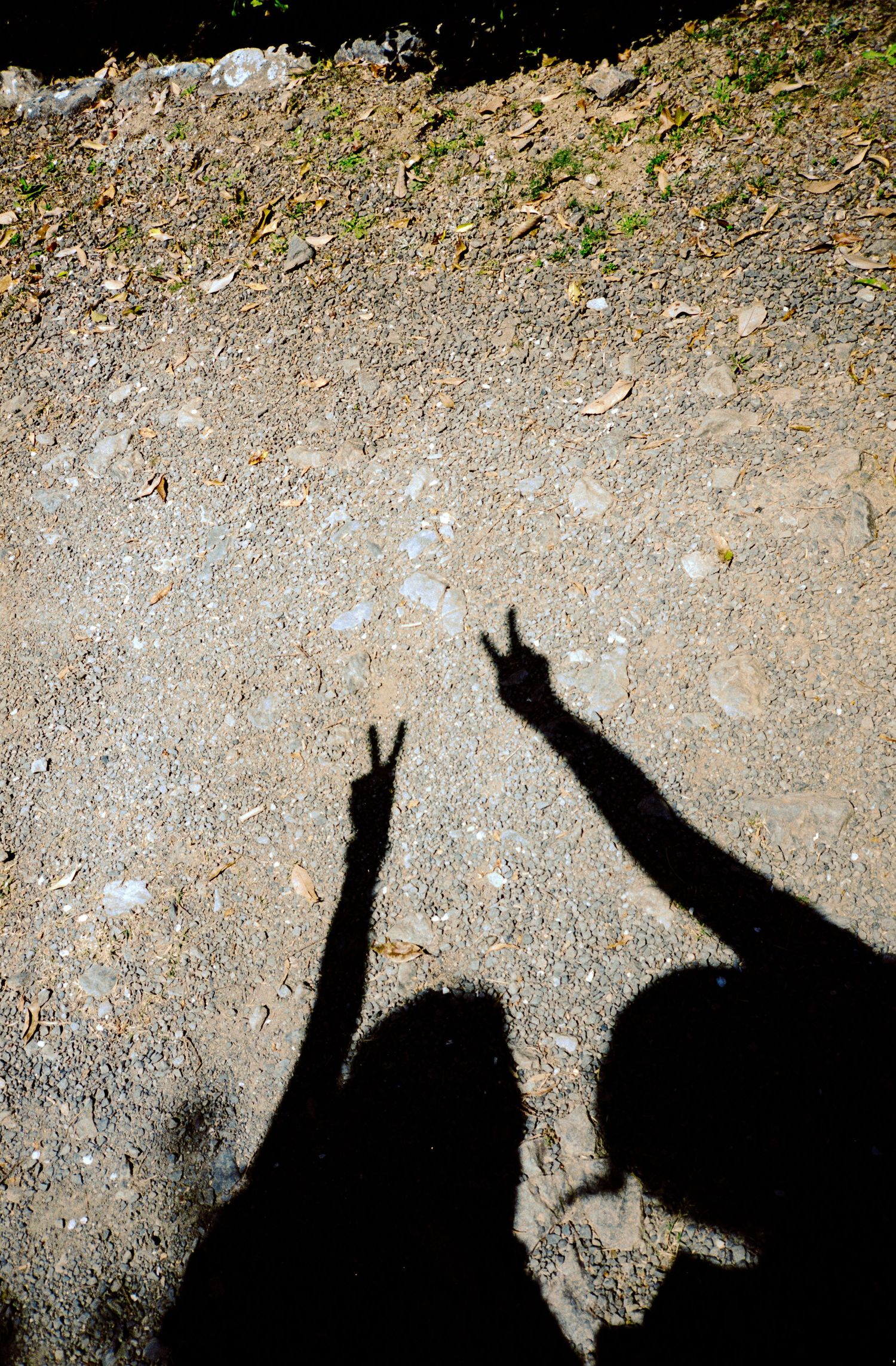 Two shadows on gravel ground making peace signs against sunlight.