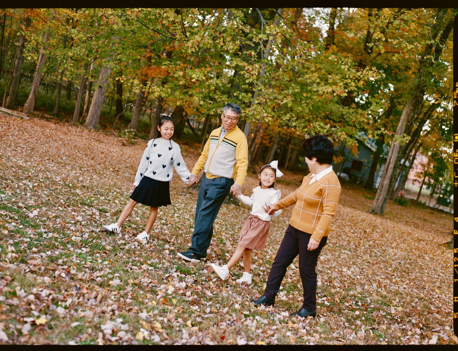 Family photoshoot sequence in a wooded park with fallen autumn leaves.