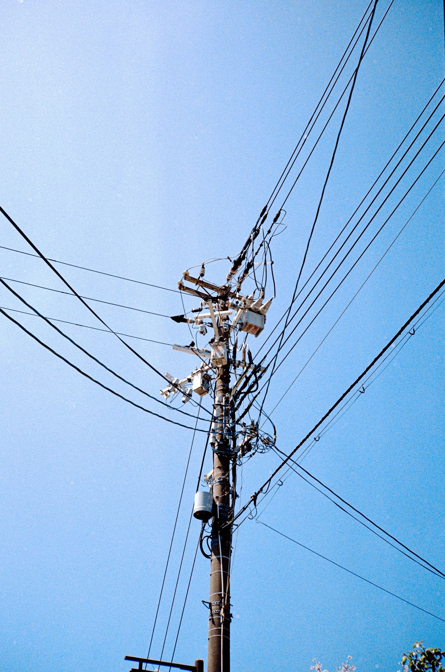 Utility poles with electrical wires crisscrossing against a blue sky in Japan.