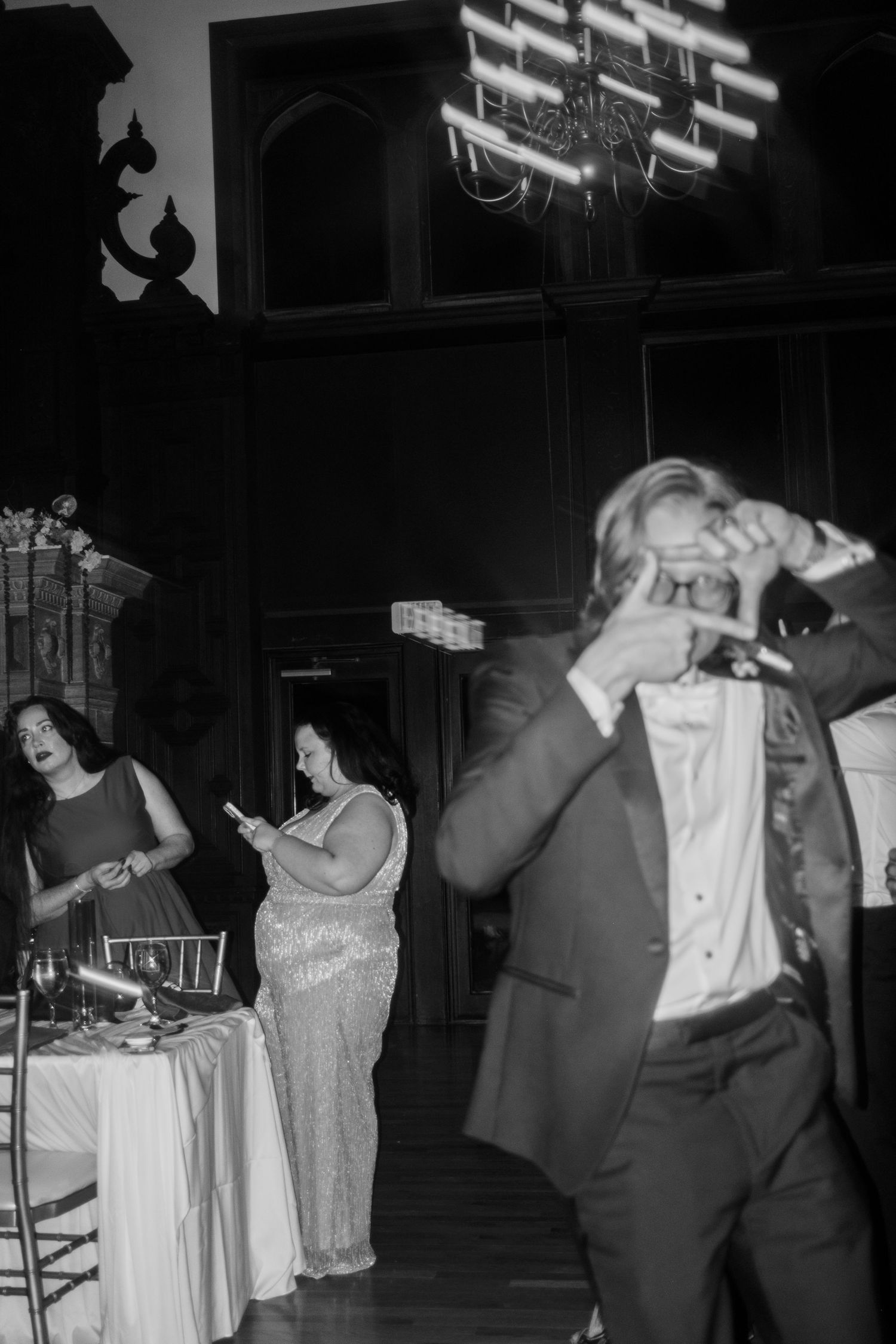 Black and white photos show couples dancing at a formal event in vintage attire.