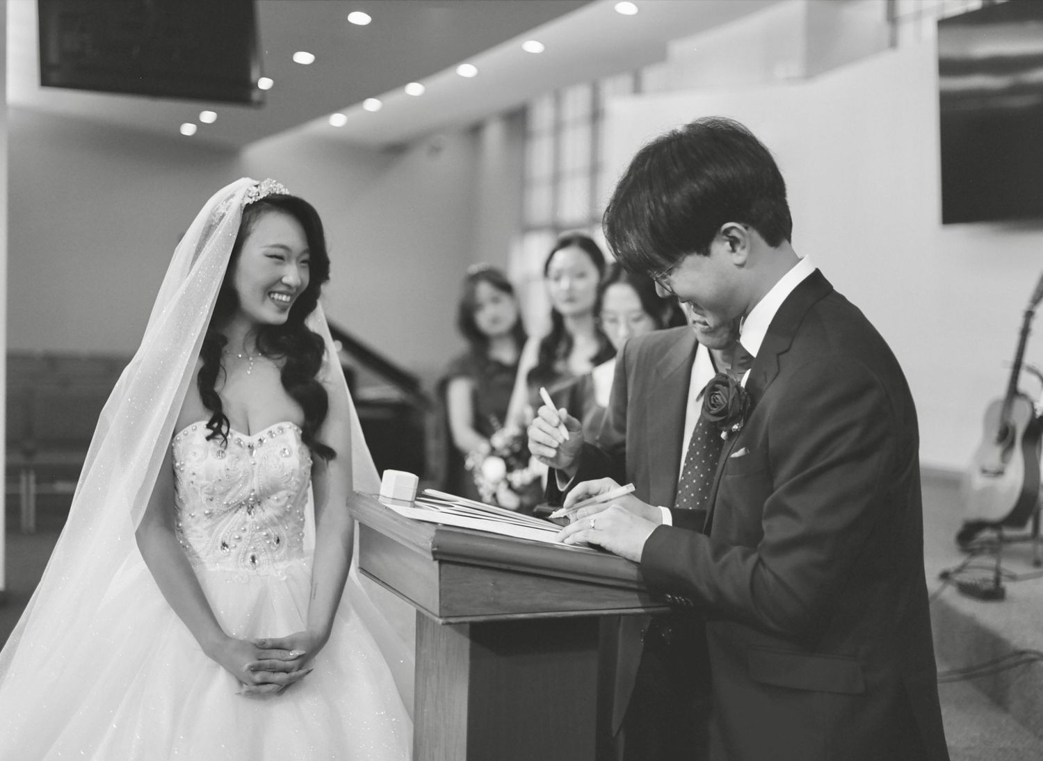 A series of candid wedding moments showing interactions between wedding party members.