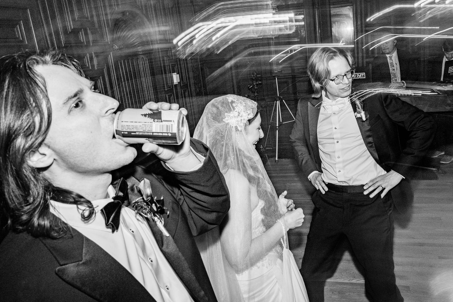 A sequence of black and white photos showing someone drinking from a glass bottle in different poses.