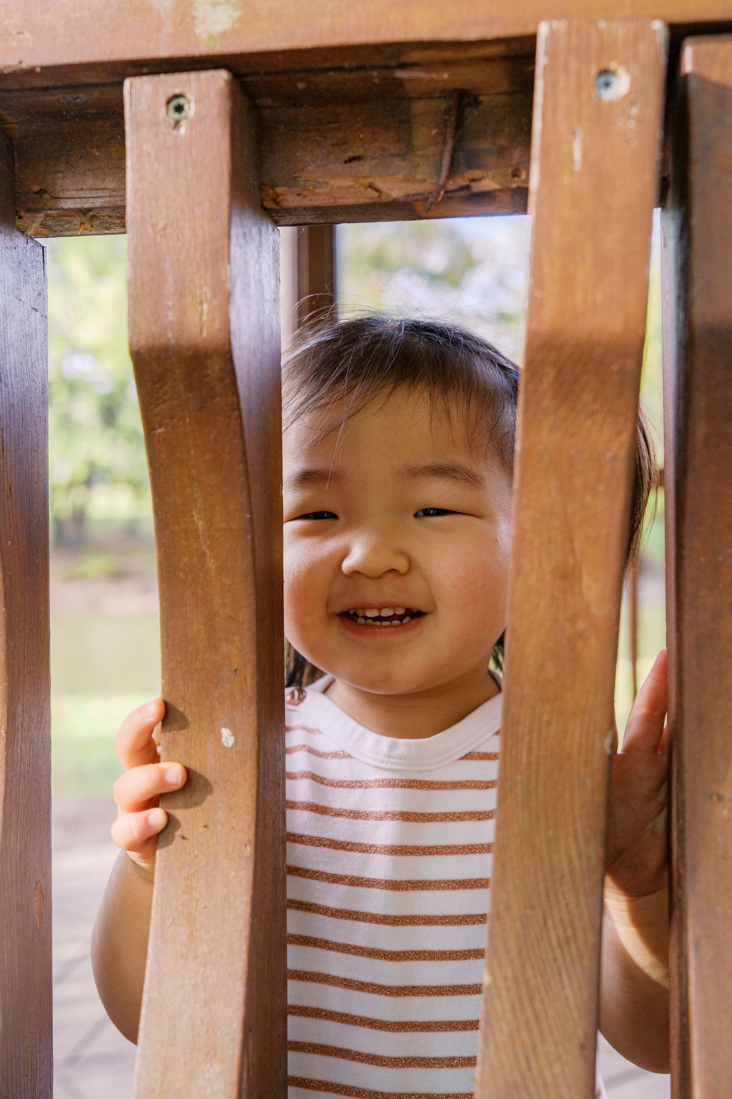 Playful peek through wooden fence slats showing striped clothing.
