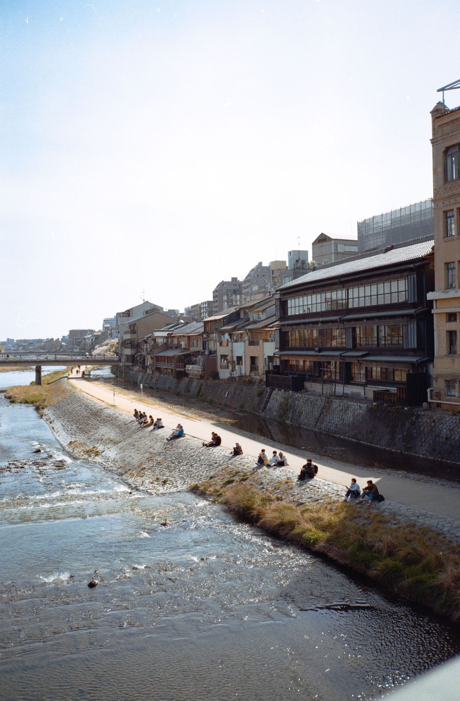 People sitting along the Kamo River embankment in Kyoto.