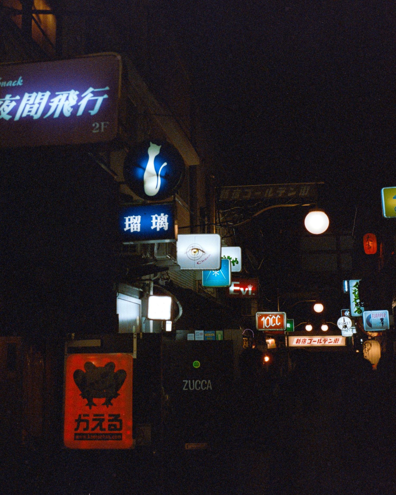 Japanese street at night with illuminated signs and storefronts.