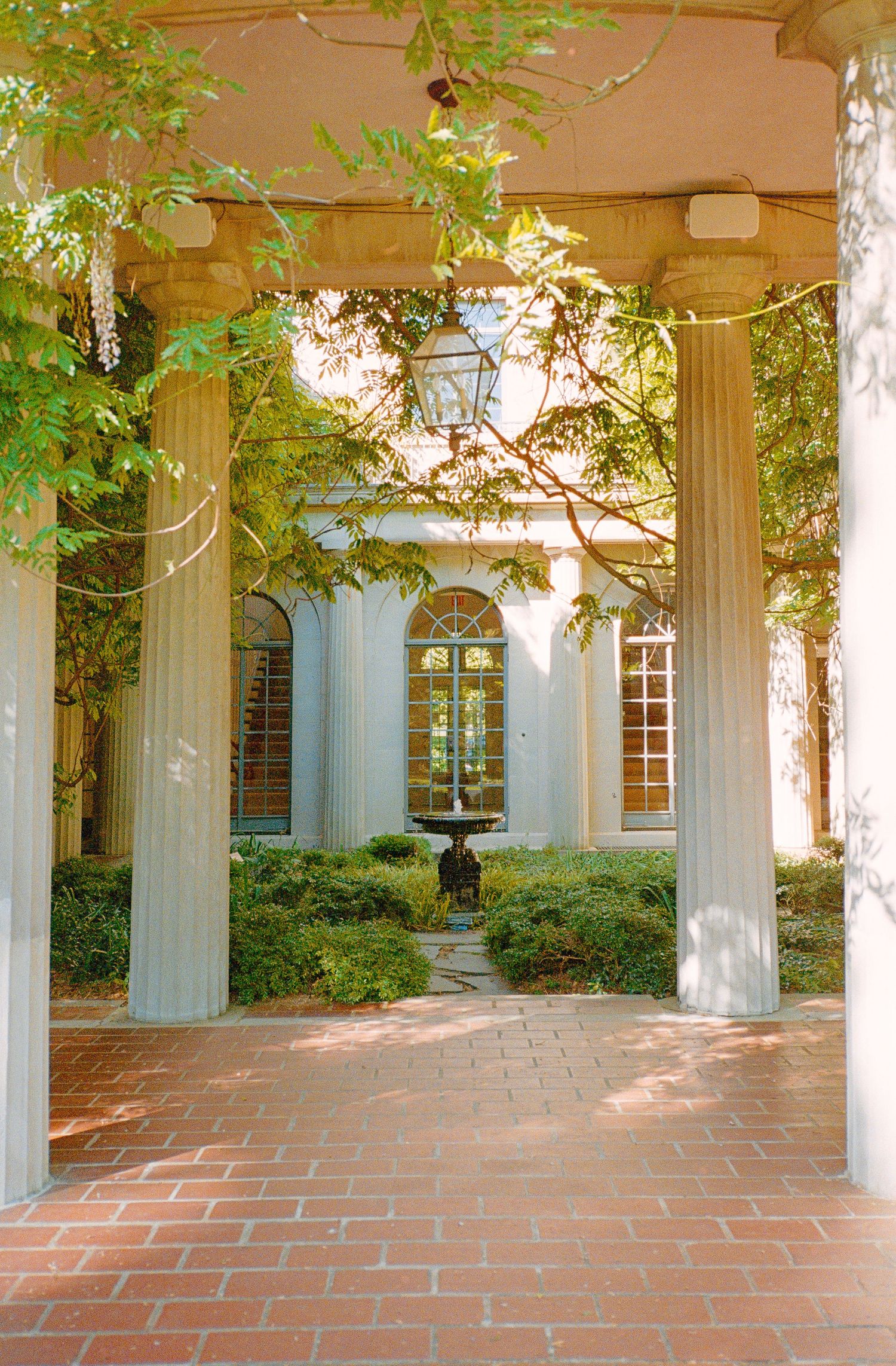 Classical colonnade walkway with white pillars and brick flooring adorned with hanging greenery.