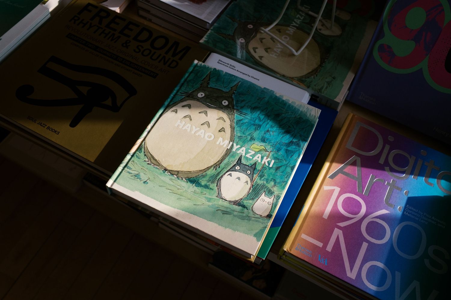 Colorful book spines and covers arranged in a row on a shelf with artistic lighting effects.