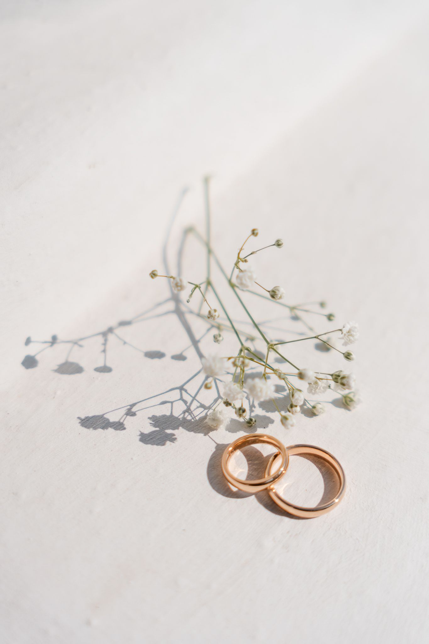 Wedding rings with delicate baby's breath flowers casting shadows on white surface. Sicily wedding. Palermo. Siracusa. Scopello. Salina.